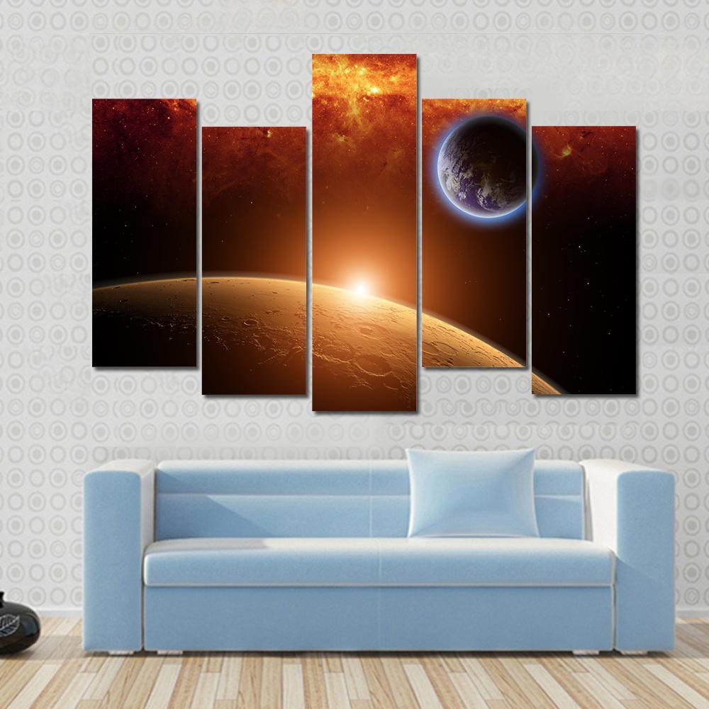 Planets Earth And Mars In Space Red Galaxy Bright Red Sun Canvas Wall Art-5 Pop-Gallery Wrap-47" x 32"-Tiaracle