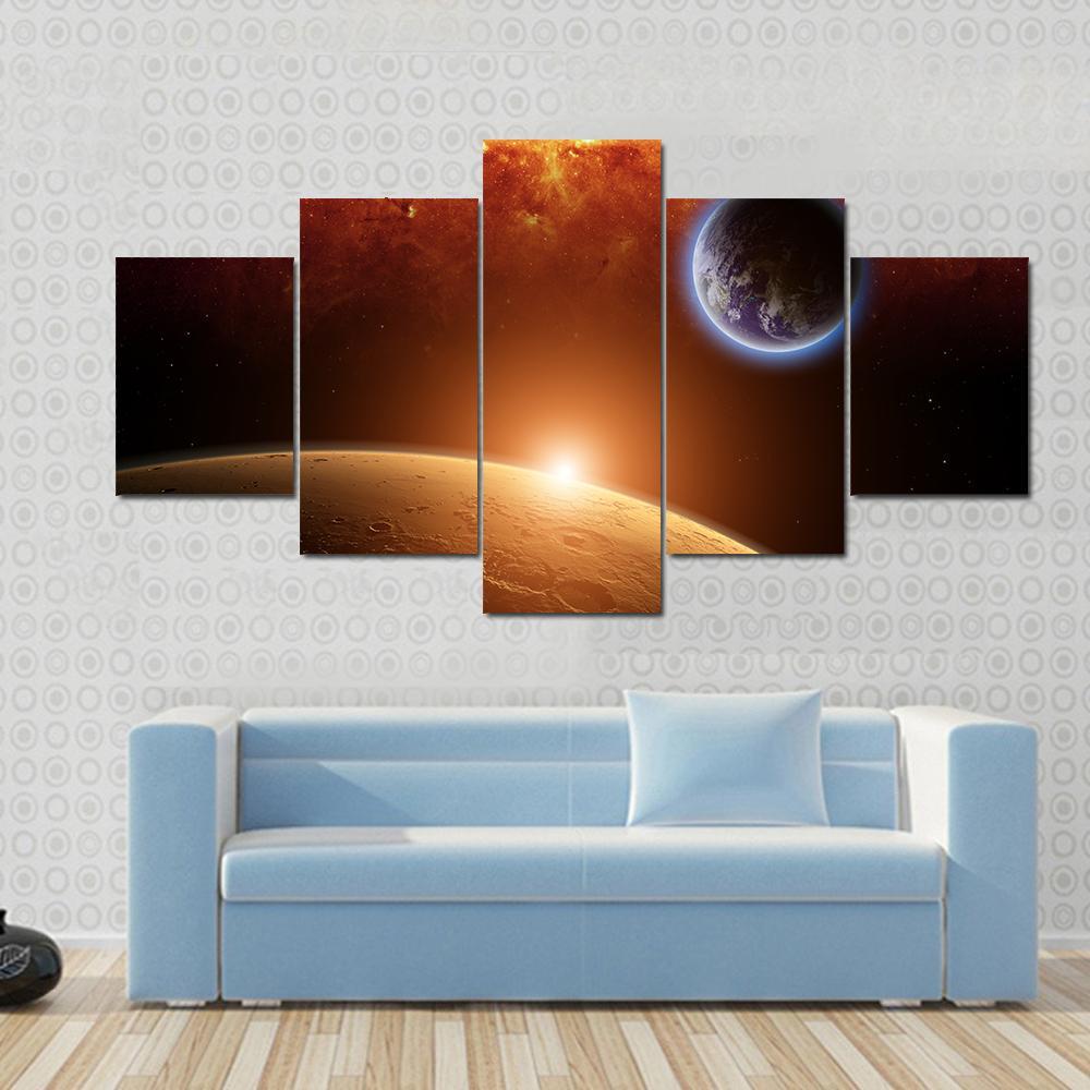 Planets Earth And Mars In Space Red Galaxy Bright Red Sun Canvas Wall Art-5 Star-Gallery Wrap-62" x 32"-Tiaracle