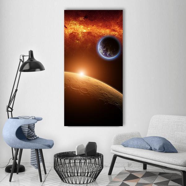 Earth and Mars in Space Vertical Canvas Wall Art in black, orange and blue, single vertical panel hung on a wall