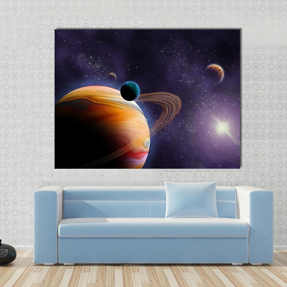 Planets in Dark Space Canvas Wall Art in black, orange and purple, single panel hung on a wall