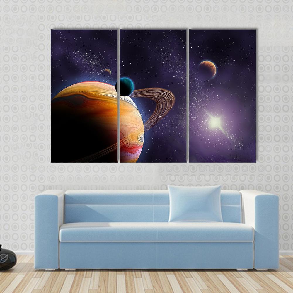 Planets In Dark Space Canvas Wall Art-3 Horizontal-Gallery Wrap-37" x 24"-Tiaracle
