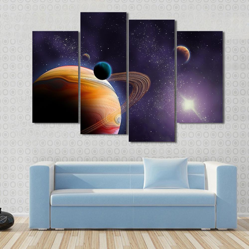 Planets In Dark Space Canvas Wall Art-4 Pop-Gallery Wrap-50" x 32"-Tiaracle