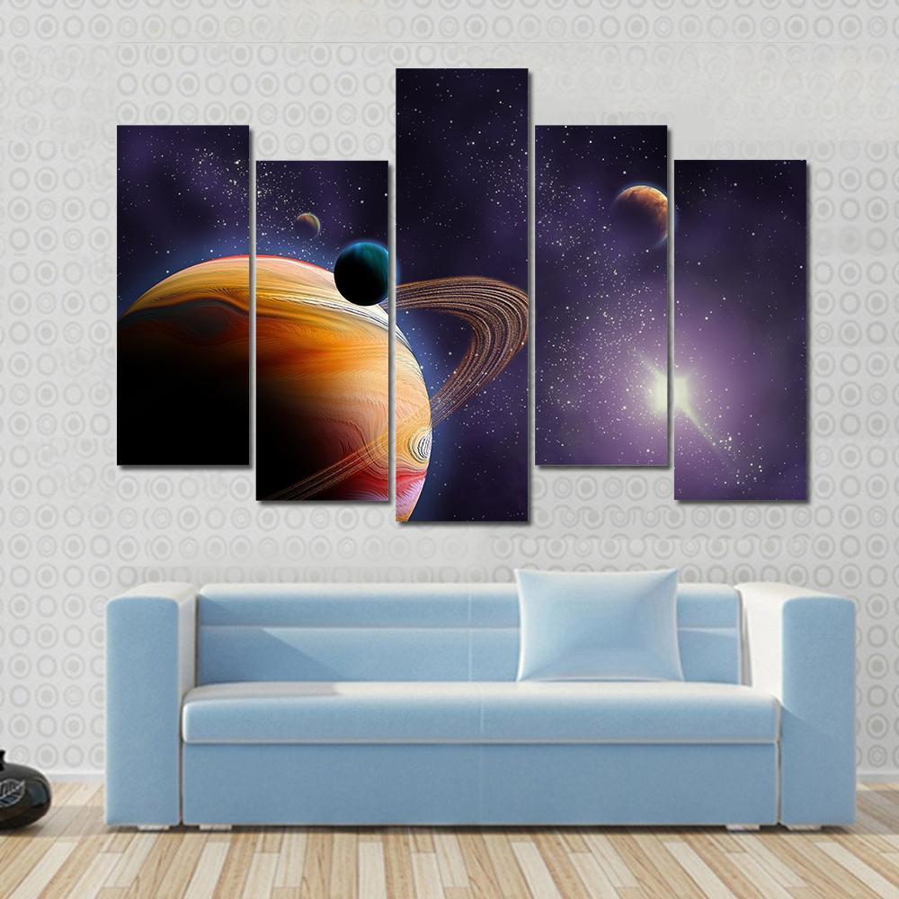 Planets In Dark Space Canvas Wall Art-5 Pop-Gallery Wrap-47" x 32"-Tiaracle