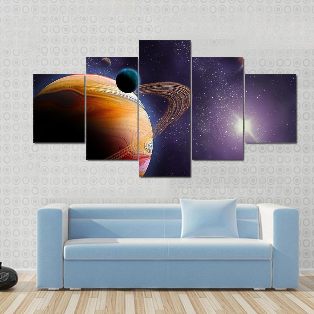 Planets In Dark Space Canvas Wall Art-5 Star-Gallery Wrap-62" x 32"-Tiaracle