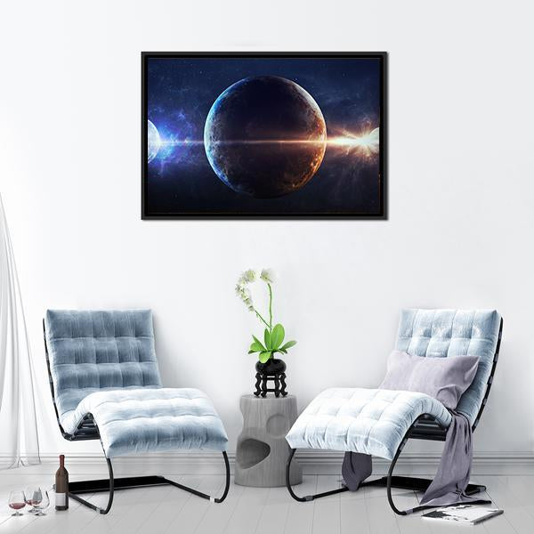 Glowing Planet with Nebula Canvas Wall Art in black, orange and blue, framed canvas, product view on a white background