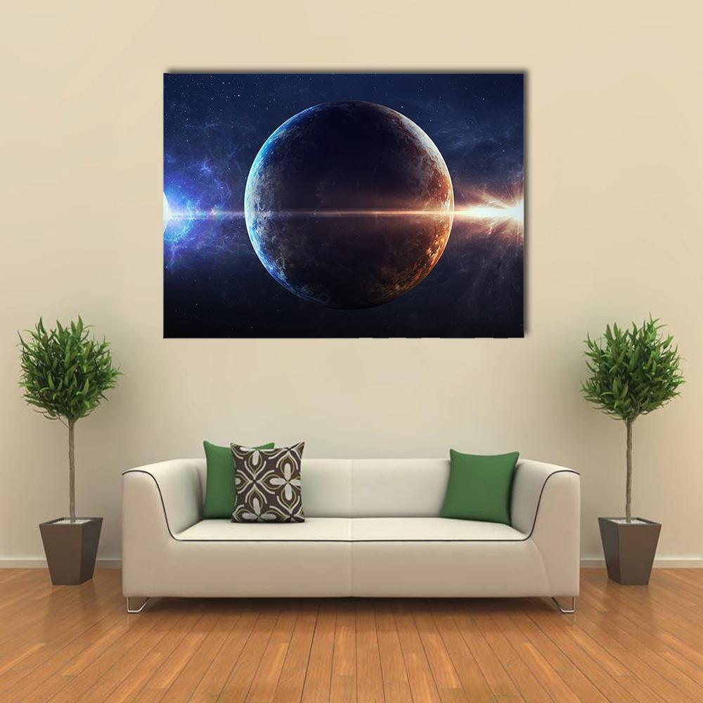 Dual-toned Planet with Horizontal Light Flare Canvas Wall Art in black, orange and blue, single panel hung on a wall