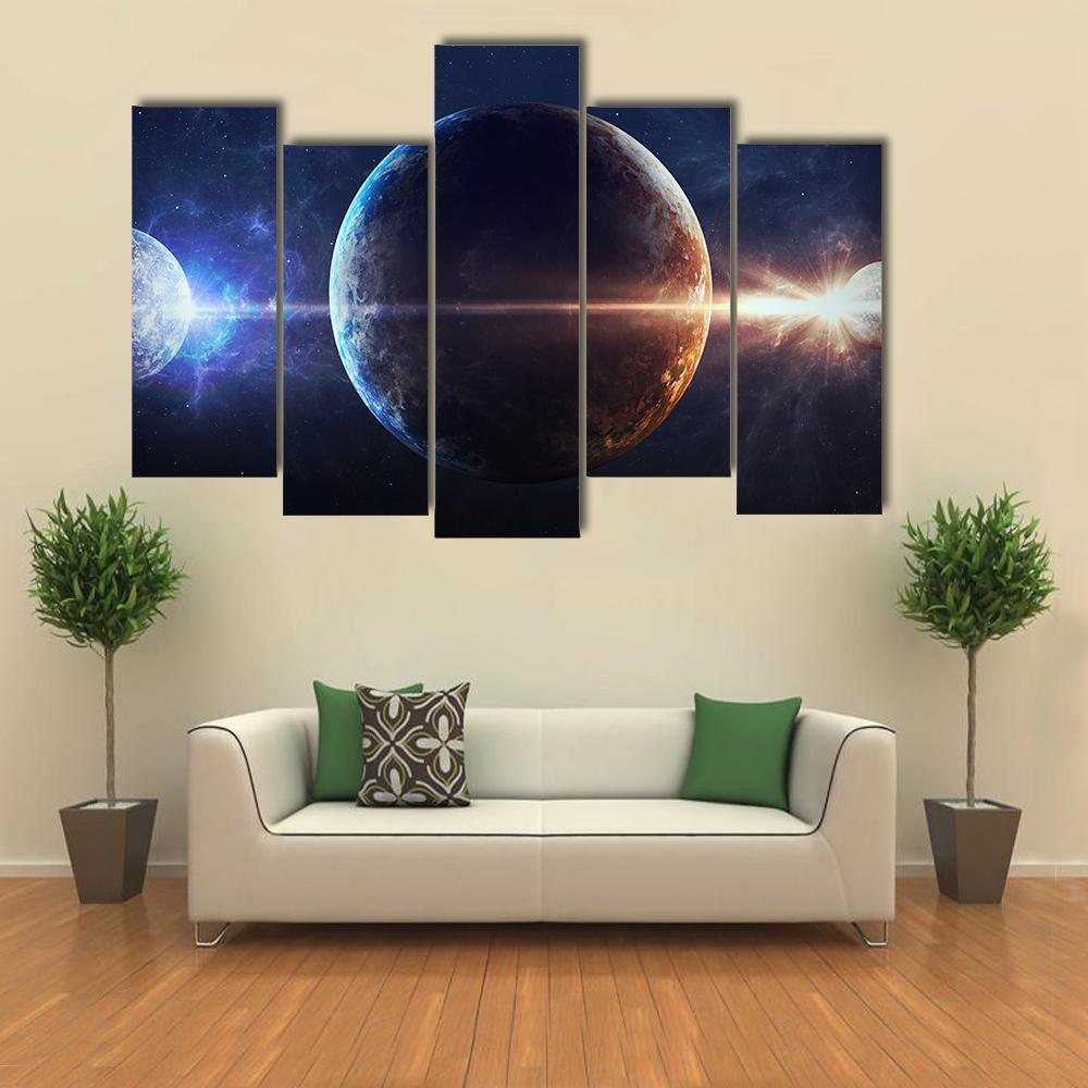 Planets In Outer Space Canvas Wall Art-5 Pop-Gallery Wrap-47" x 32"-Tiaracle