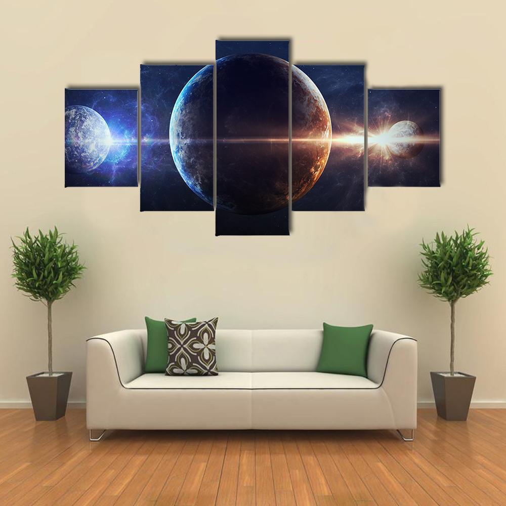 Planets In Outer Space Canvas Wall Art-5 Star-Gallery Wrap-62" x 32"-Tiaracle