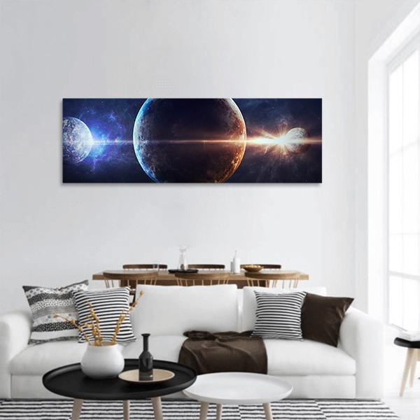 Planets In Outer Space Panoramic Canvas Wall Art-1 Piece-36" x 12"-Tiaracle