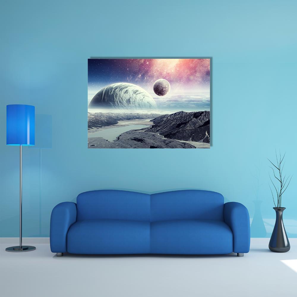 Ringed Planet and Twin Moons Canvas Wall Art in gray, blue and purple, single panel hung on a wall