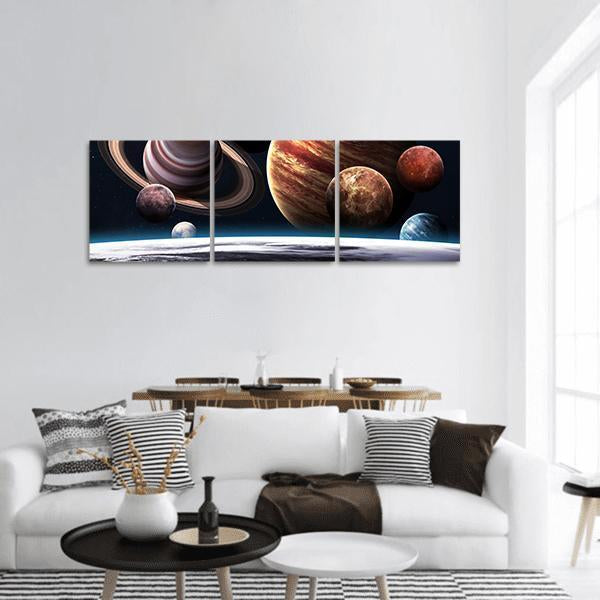 Planets of the Solar System Panoramic Canvas Wall Art in black, brown and orange, hung on a wall