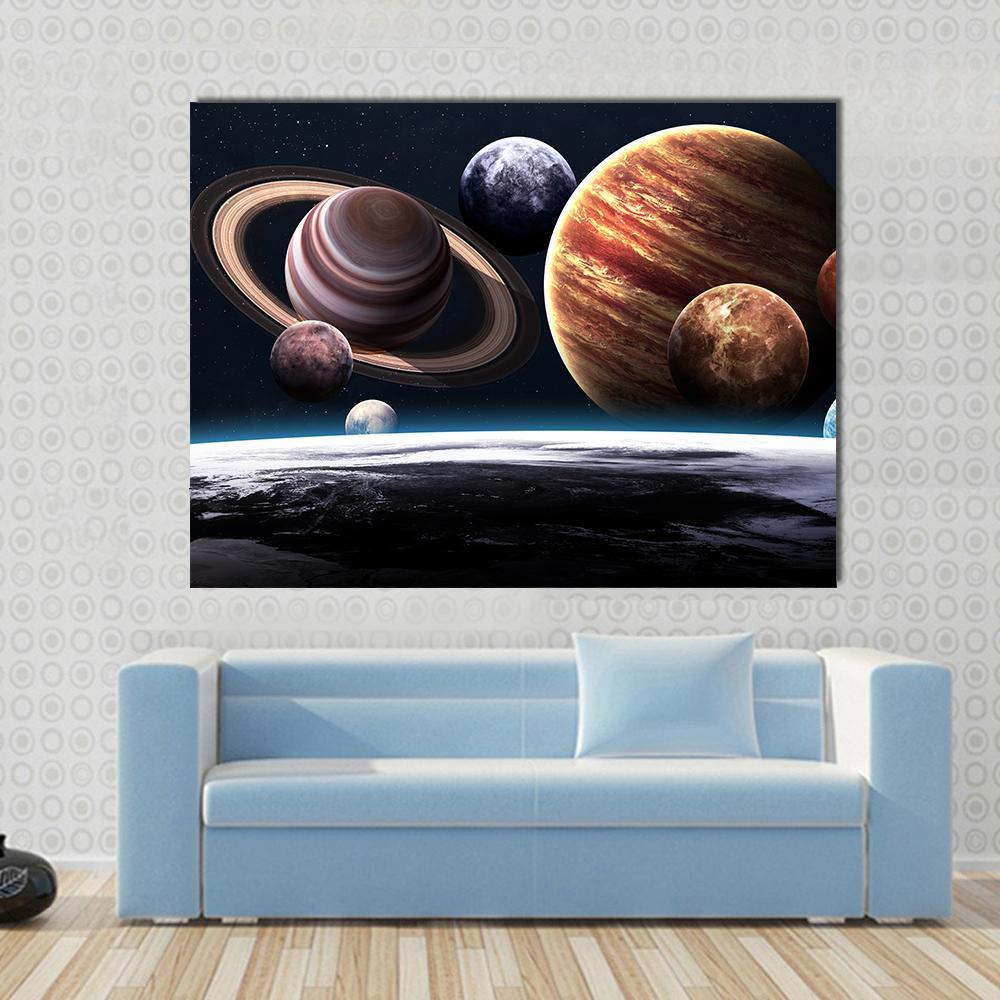Planets of the Solar System Canvas Wall Art in black, brown and orange, single panel hung on a wall