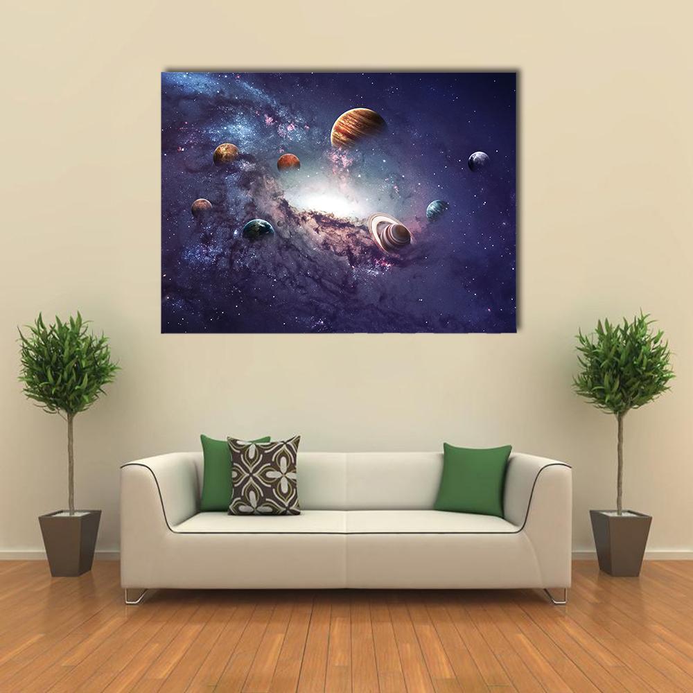 Planets of the Solar System Canvas Wall Art in black, blue and purple, single panel hung on a wall