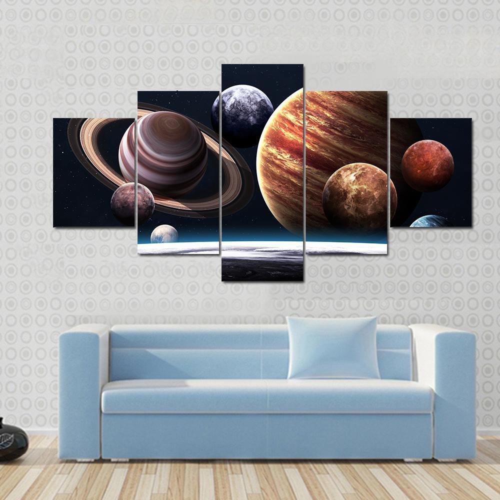 Planets Of The Solar System Canvas Wall Art-5 Star-Gallery Wrap-62" x 32"-Tiaracle