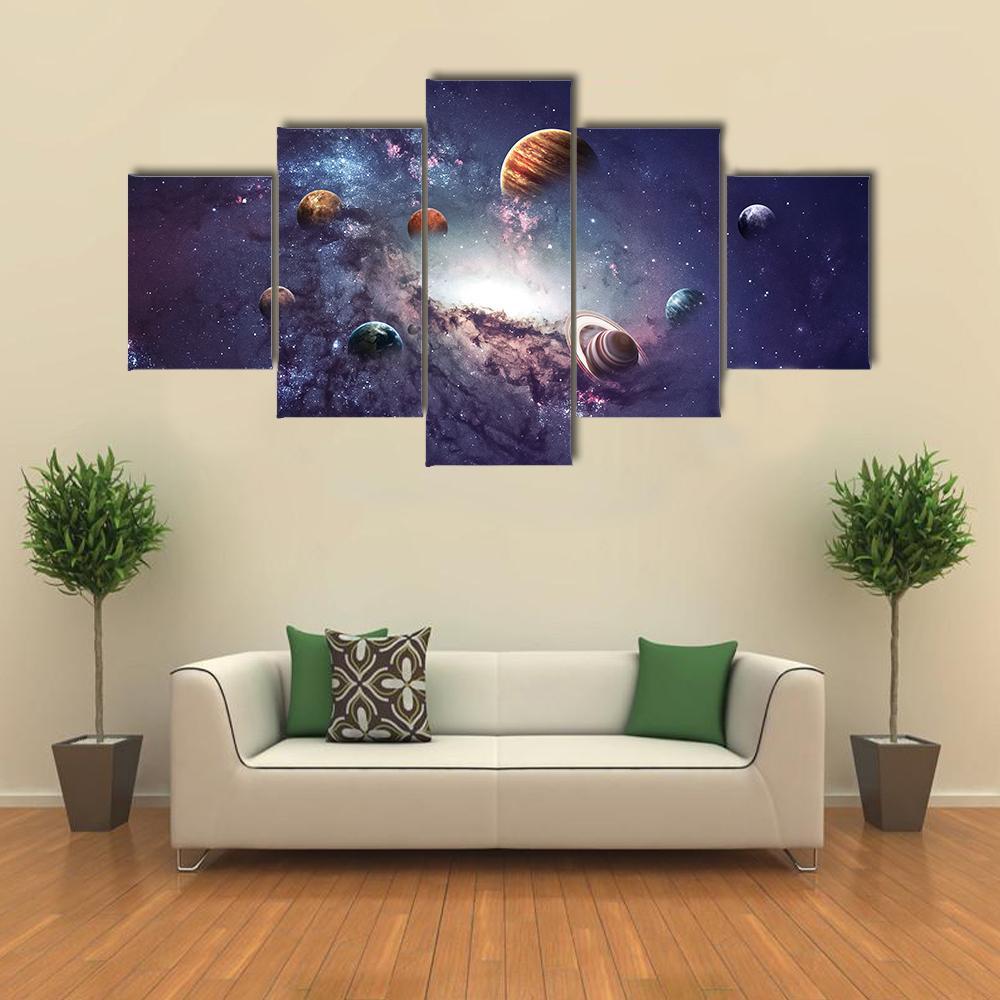 Planets Of The Solar System Canvas Wall Art-5 Star-Gallery Wrap-62" x 32"-Tiaracle