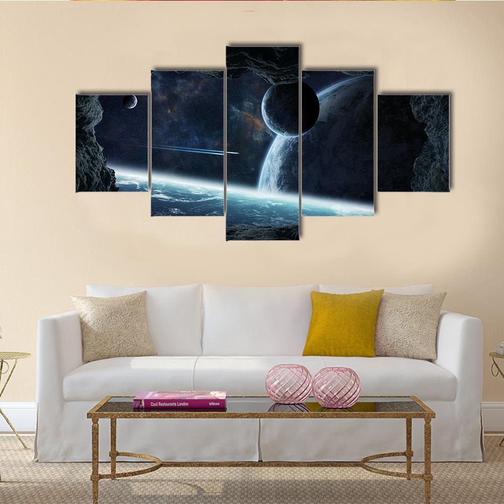 Planets View From Cave Canvas Wall Art-5 Star-Gallery Wrap-62" x 32"-Tiaracle