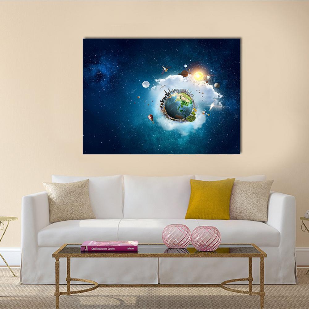 Earth with Mini City and Orbiting Planets Canvas Wall Art in white, blue and navy, single panel hung on a wall