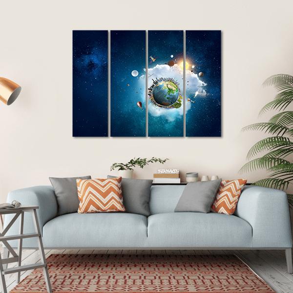 Earth with Mini City and Orbiting Planets Canvas Wall Art in white, blue and navy, hung on a wall