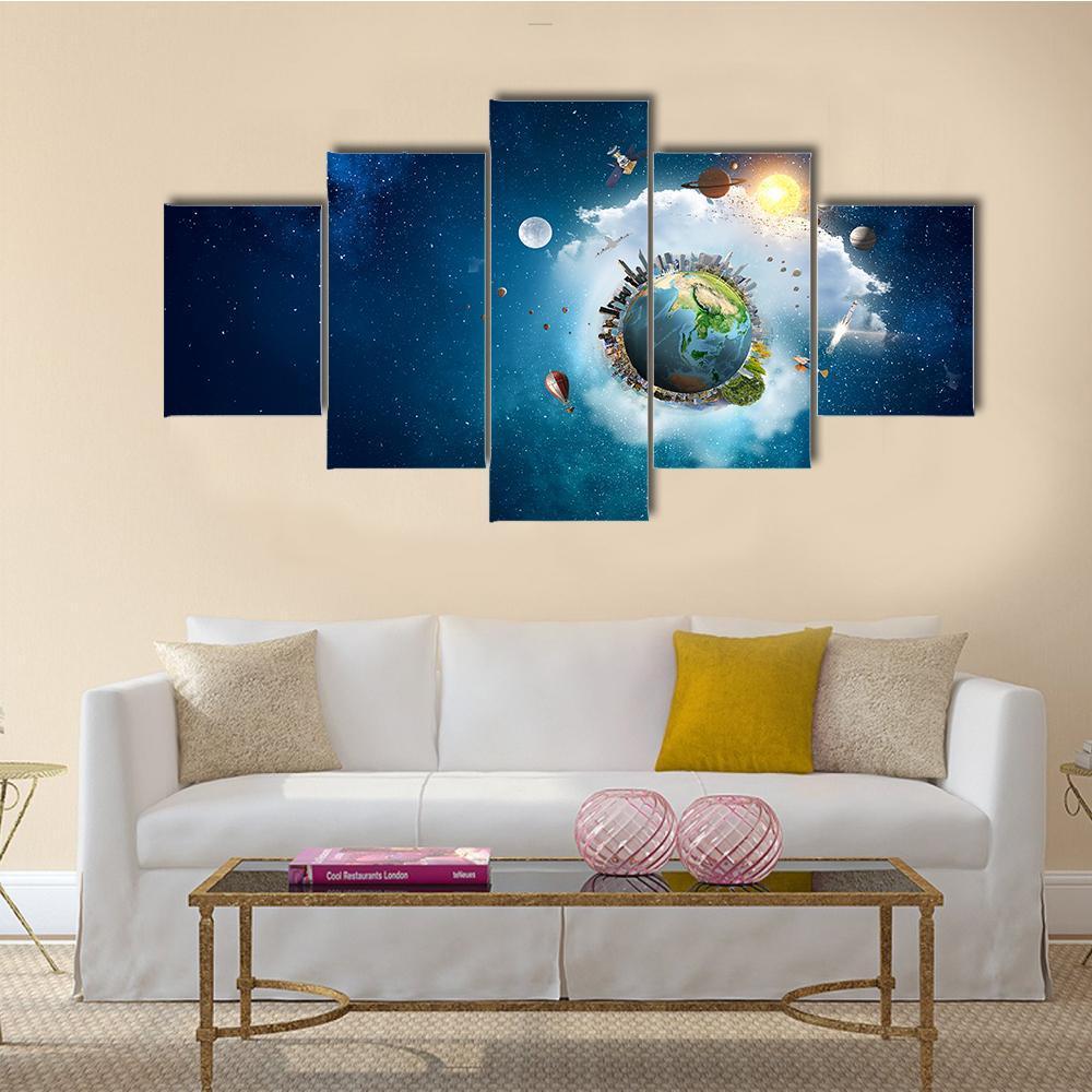 Planets With Unique Universe Canvas Wall Art-5 Star-Gallery Wrap-62" x 32"-Tiaracle