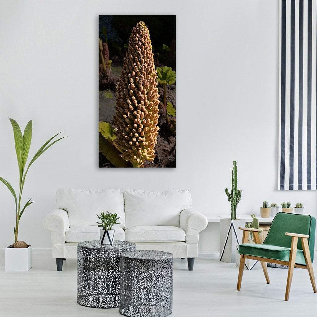 Spring Cone Flower Spike on Dark Background Vertical Canvas Wall Art in black, beige and brown, hung on a wall