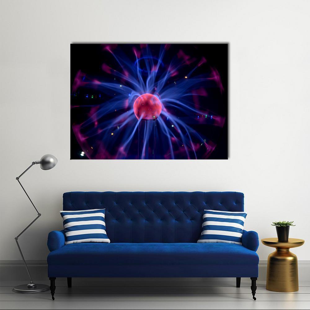 Plasma Tesla Reactor Orb Canvas Wall Art in black, blue and purple, single panel hung on a wall