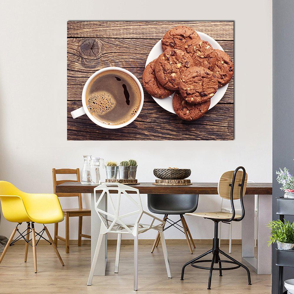 Chocolate Cookies and Hot Coffee Canvas Wall Art in white and brown, single panel hung on a wall