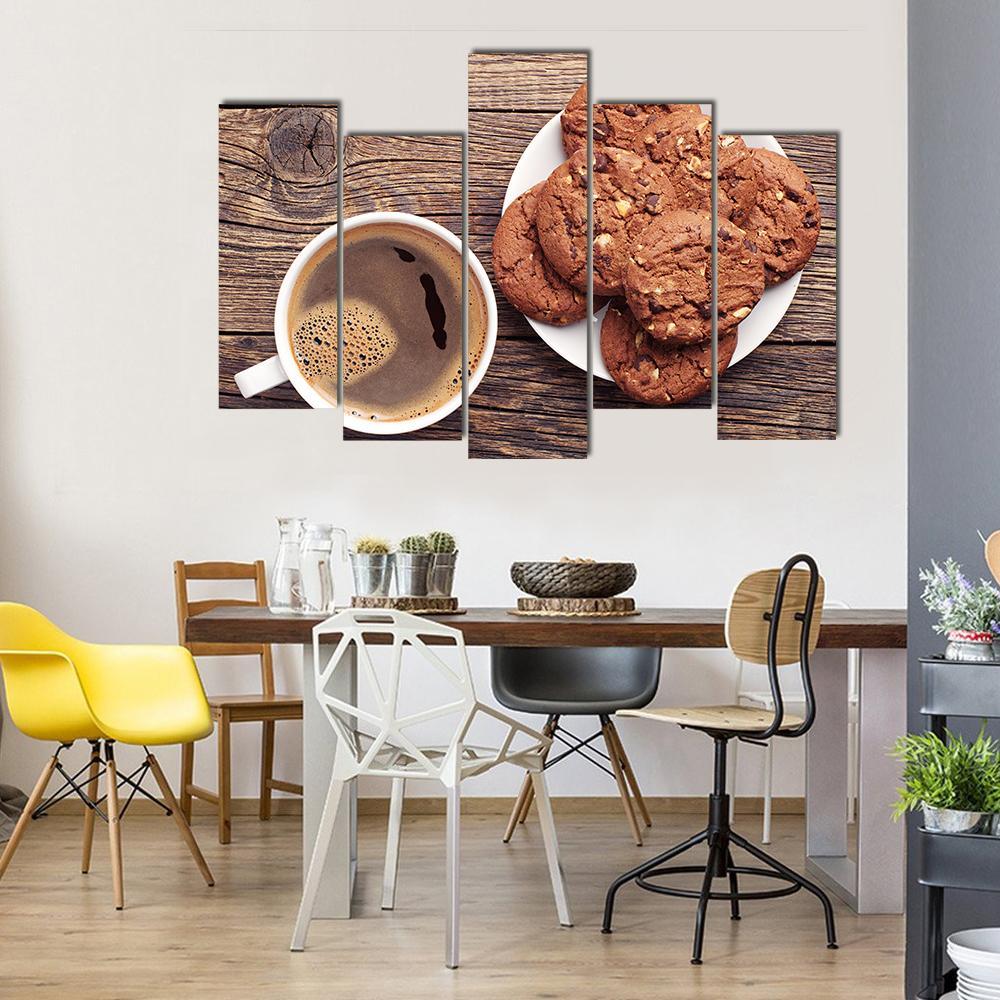 Plate With Chocolate Cookies And Cup Of Hot Coffee Canvas Wall Art-5 Pop-Gallery Wrap-47&quot; x 32&quot;-Tiaracle