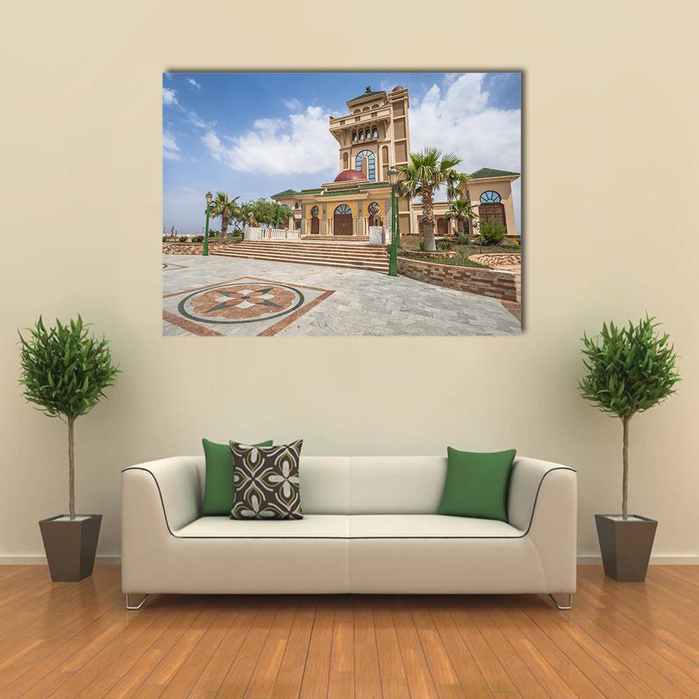 Plateau of Lalla Setti Canvas Wall Art in beige, brown and blue, single panel hung on a wall