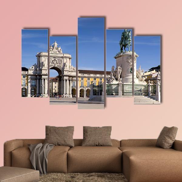 Plaza Do Comercio In Lisbon Portugal Canvas Wall Art-5 Pop-Gallery Wrap-47" x 32"-Tiaracle