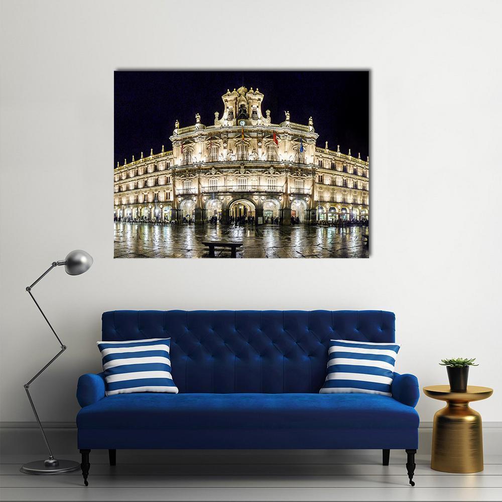 Plaza Mayor at Night Canvas Wall Art in black, gold and yellow, single panel hung on a wall
