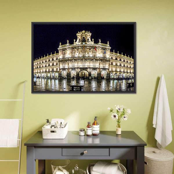 Plaza Mayor at Night Canvas Wall Art in black, gold and yellow, framed canvas, product view on a white background