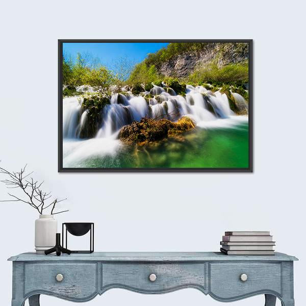Plitvice Lakes With Waterfall Canvas Wall Art-1 Piece-Floating Frame-24" x 16"-Tiaracle