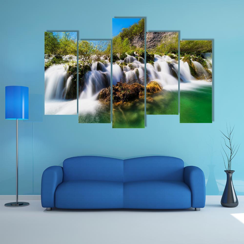 Plitvice Lakes With Waterfall Canvas Wall Art-5 Pop-Gallery Wrap-47" x 32"-Tiaracle