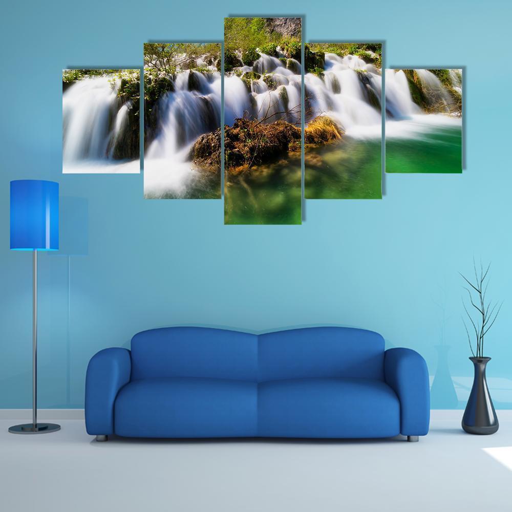 Plitvice Lakes With Waterfall Canvas Wall Art-5 Pop-Gallery Wrap-47" x 32"-Tiaracle