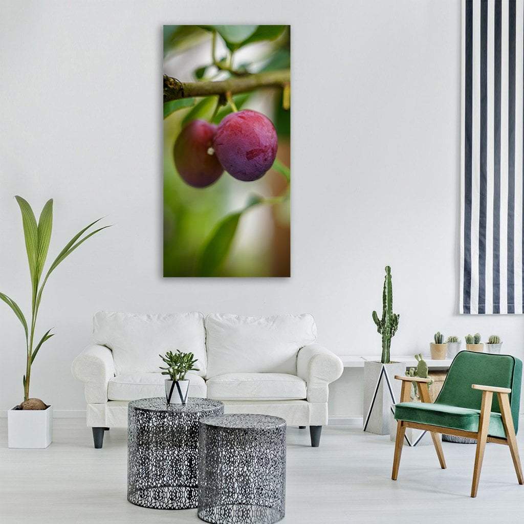 Two Ripe Plums on a Branch Vertical Canvas Wall Art in red, green and purple, single vertical panel hung on a wall