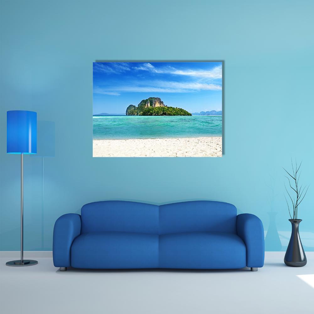 Poda Island, Thailand Canvas Wall Art in white and blue, single panel hung on a wall