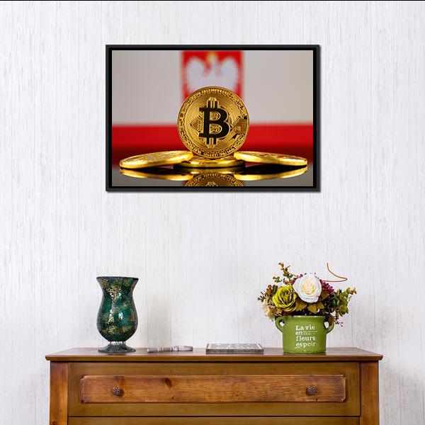 Poland Flag With Bitcoin Canvas Wall Art-1 Piece-Floating Frame-24" x 16"-Tiaracle