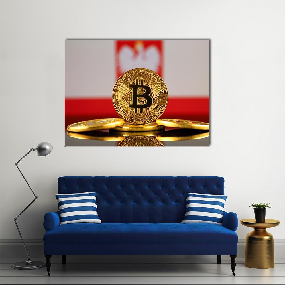 Bitcoin Coin on Polish Flag Canvas Wall Art in white, gold and red, single panel hung on a wall