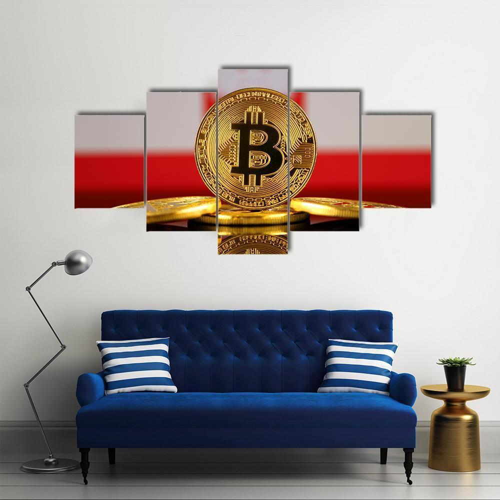 Poland Flag With Bitcoin Canvas Wall Art-5 Star-Gallery Wrap-62" x 32"-Tiaracle