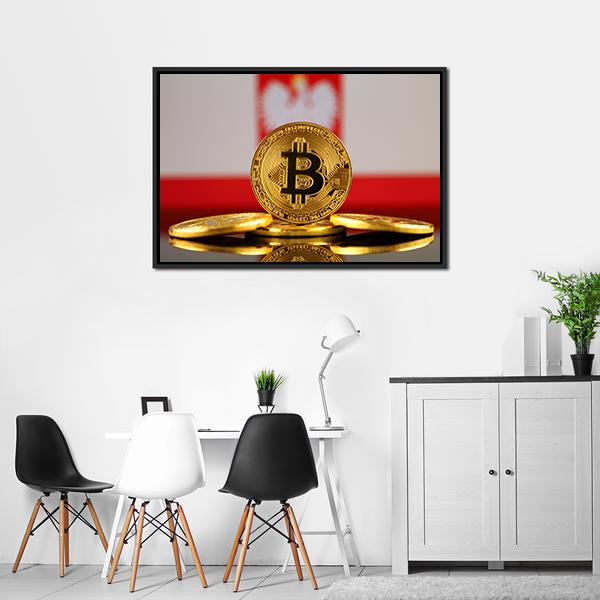 Poland Flag With Bitcoin Panoramic Canvas Wall Art-1 Piece-36" x 12"-Tiaracle