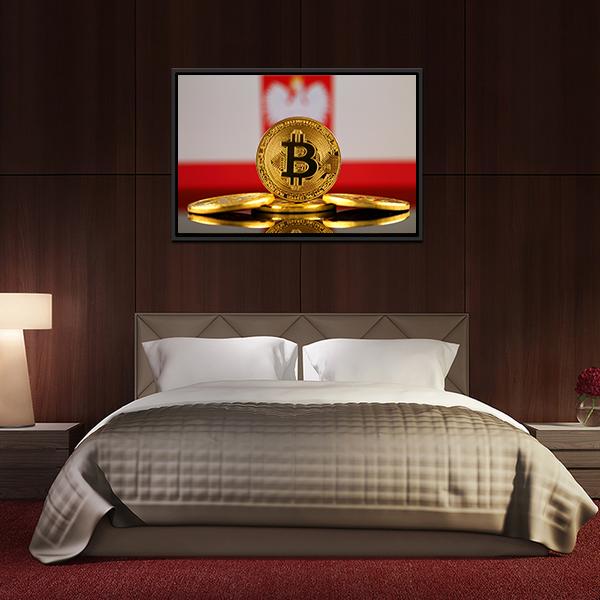 Poland Flag With Bitcoin Panoramic Canvas Wall Art-1 Piece-36" x 12"-Tiaracle