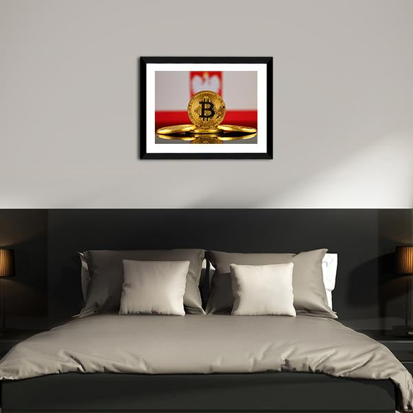 Poland Flag With Bitcoin Panoramic Canvas Wall Art-1 Piece-36" x 12"-Tiaracle