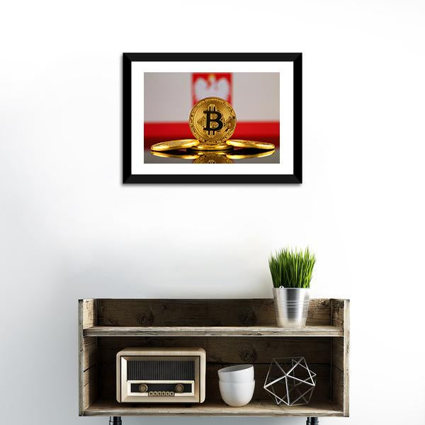 Poland Flag With Bitcoin Panoramic Canvas Wall Art-1 Piece-36" x 12"-Tiaracle
