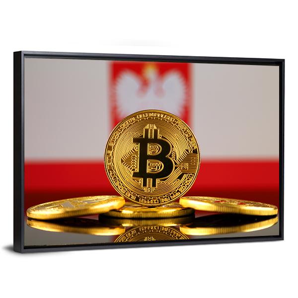 Poland Flag With Bitcoin Panoramic Canvas Wall Art-1 Piece-36" x 12"-Tiaracle