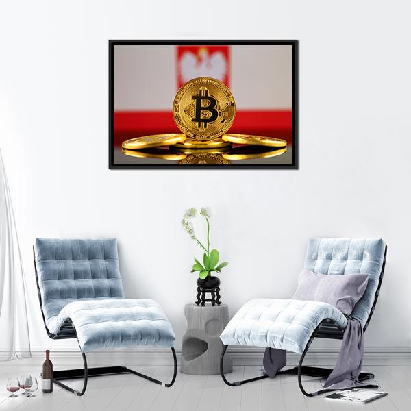 Poland Flag With Bitcoin Panoramic Canvas Wall Art-1 Piece-36" x 12"-Tiaracle