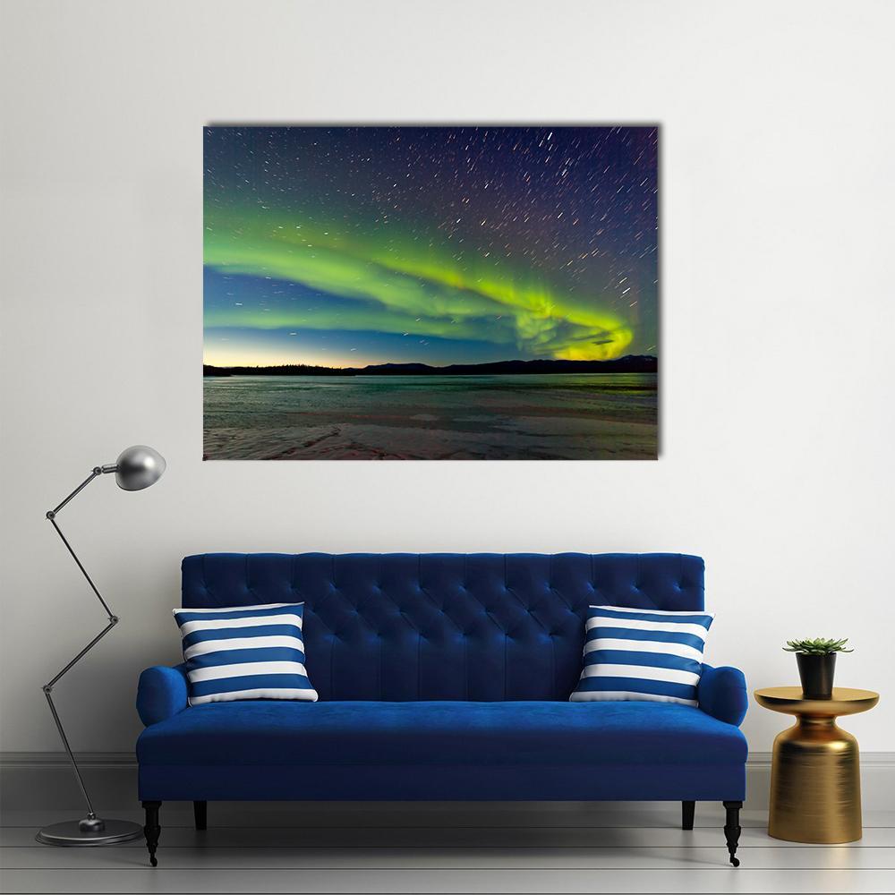 Polar Lights And Morning Dawn On Night Sky Canvas Wall Art-1 Piece-Gallery Wrap-48" x 32"-Tiaracle