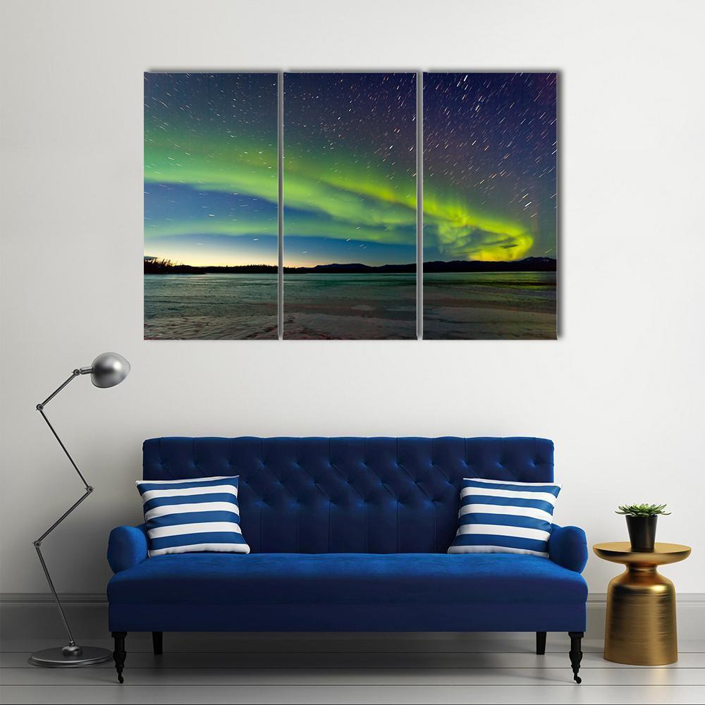 Polar Lights And Morning Dawn On Night Sky Canvas Wall Art-3 Horizontal-Gallery Wrap-37" x 24"-Tiaracle