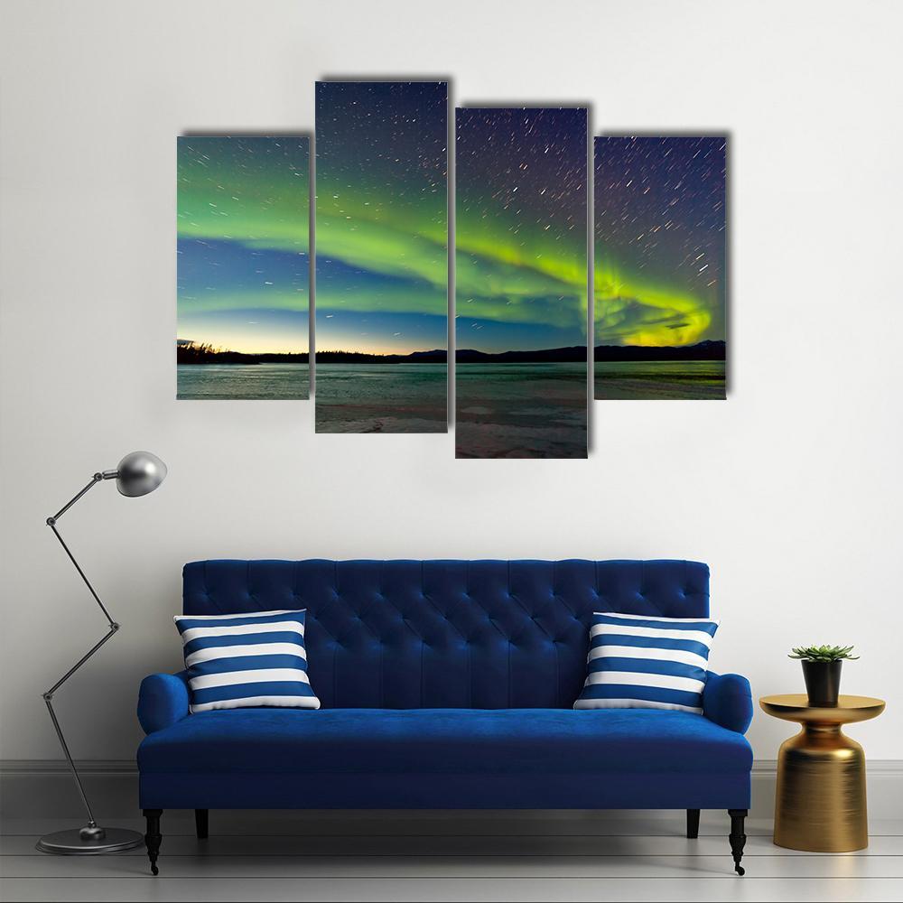 Polar Lights And Morning Dawn On Night Sky Canvas Wall Art-5 Star-Gallery Wrap-62" x 32"-Tiaracle