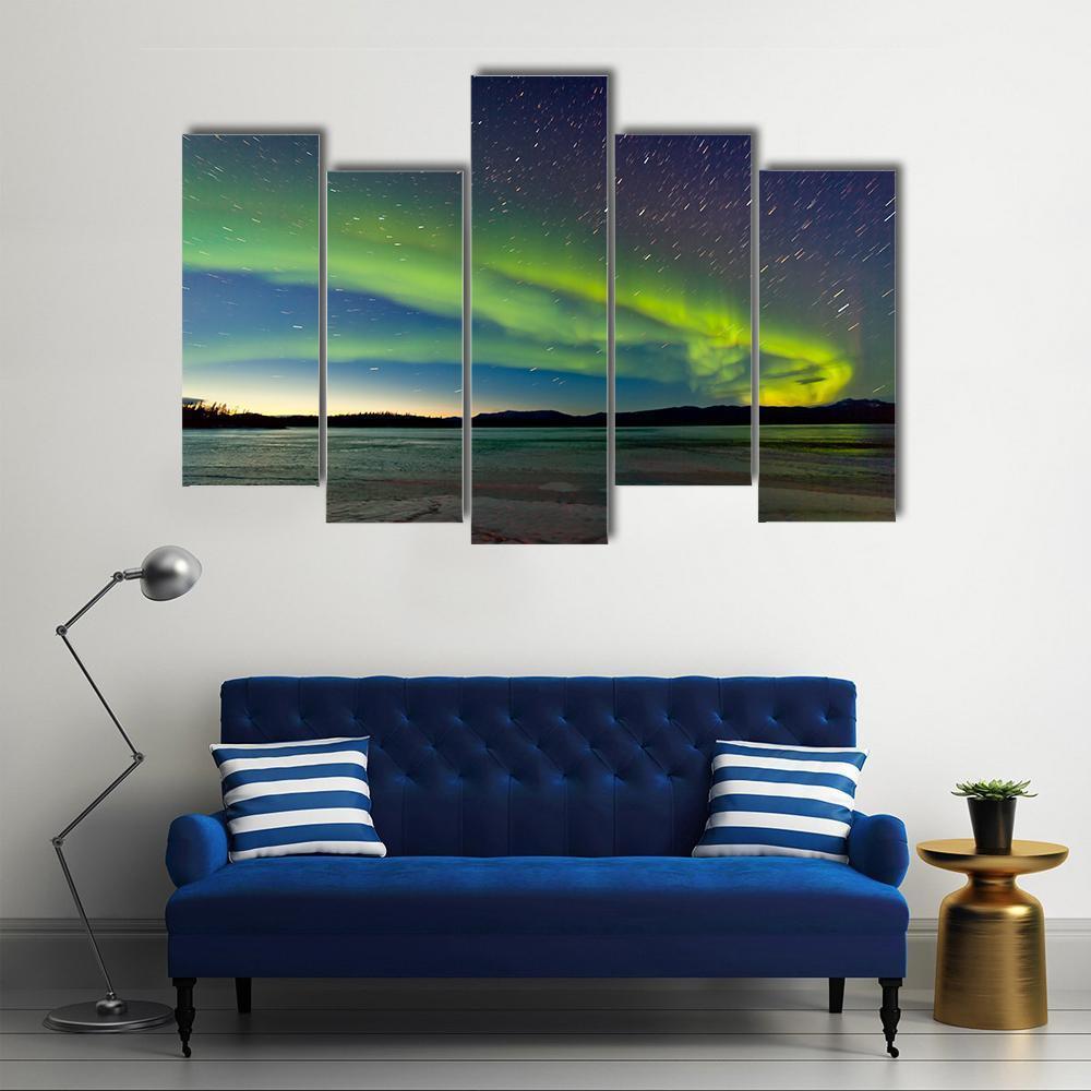 Polar Lights And Morning Dawn On Night Sky Canvas Wall Art-5 Pop-Gallery Wrap-47" x 32"-Tiaracle