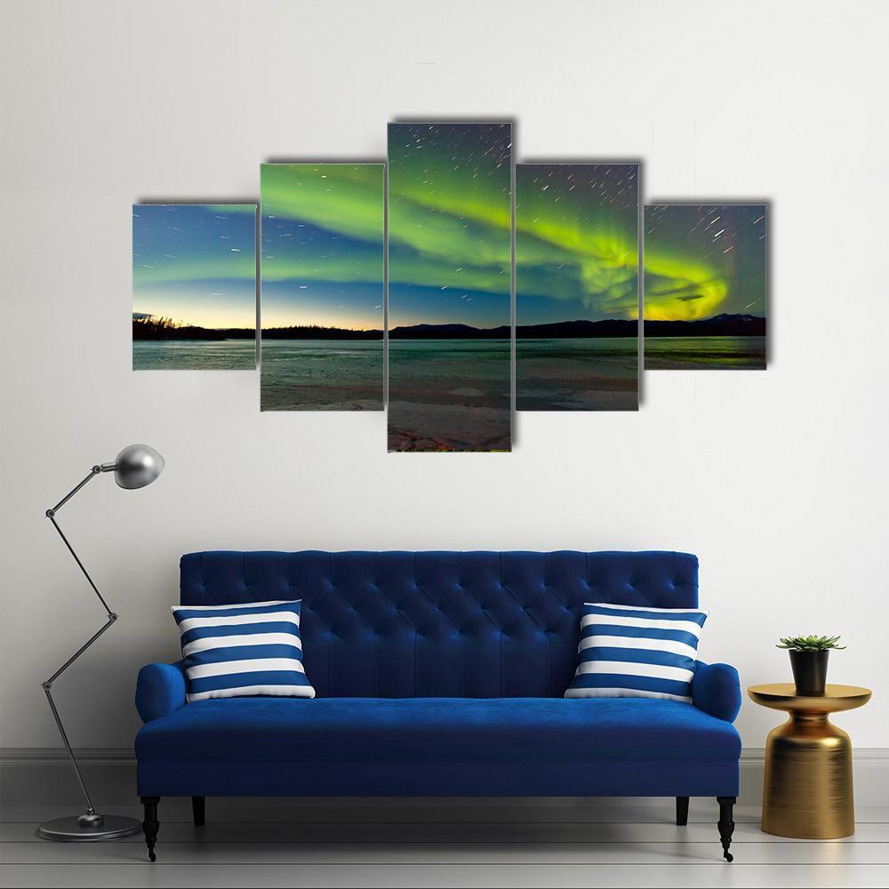 Polar Lights And Morning Dawn On Night Sky Canvas Wall Art-5 Star-Gallery Wrap-62" x 32"-Tiaracle